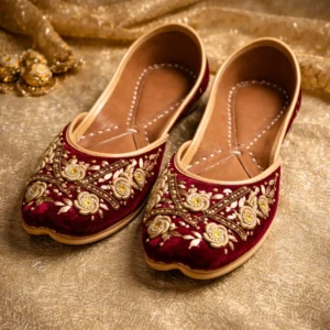 maroon jutti for women velvet embroidery noorani designer jutti